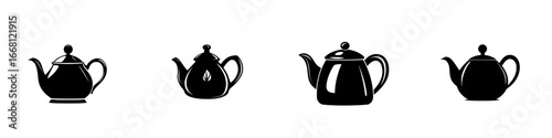 Decorative collection of various teapot silhouettes in black on a white background