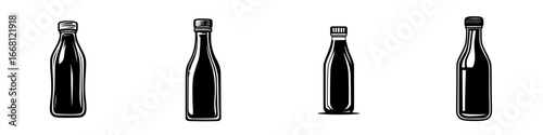 Illustration of four different types of milk bottles arranged in a row on a plain background