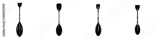 Different styles of canoe paddles displayed in a row with unique designs and shapes for water sports enthusiasts