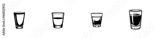 Various drinking glasses displayed on a white background showcasing different levels of contents at a bar setting