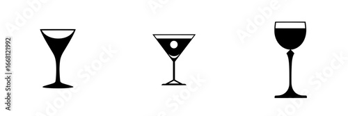 Various cocktail glass designs representing diverse drink styles and presentations in a modern graphic format