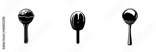 Variety of lollipops in black and white showcasing unique designs and shapes in a minimalist style