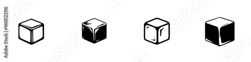 Different views of simple geometric cubes arranged in a row illustrating various shades and designs