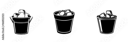 Three distinct buckets filled with ice cubes presented on a plain background for illustrative purposes