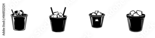 Variety of ice-filled containers displayed in a minimalist style suitable for beverage preparation or cocktails