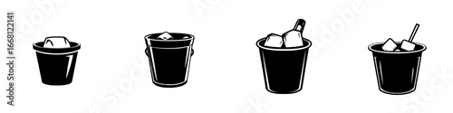 Various styles of ice buckets displayed in a simplistic black and white design with ice cubes visible inside each bucket