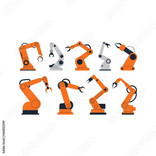 Collection of industrial robotic arms in various poses for automation and manufacturing concepts