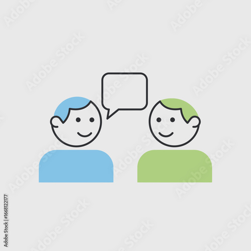 Two people talking with speech bubble icon.