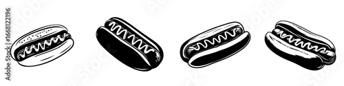Illustrations of hot dogs in various styles on a white background for culinary design projects and food art