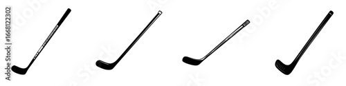 Different styles of hockey sticks displayed on a white background for equipment comparison during a sporting event