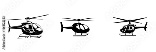 Helicopter silhouettes in various positions illustrating flight dynamics against a plain background