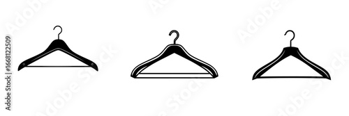 Different styles of clothes hangers displayed in a minimalistic format on a white background