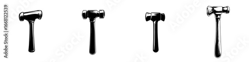 Different angles of a hammer showcasing its design and structure in a minimalist style