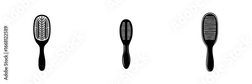 Different styles of hairbrushes arranged in a row on a white background for comparison and design exploration