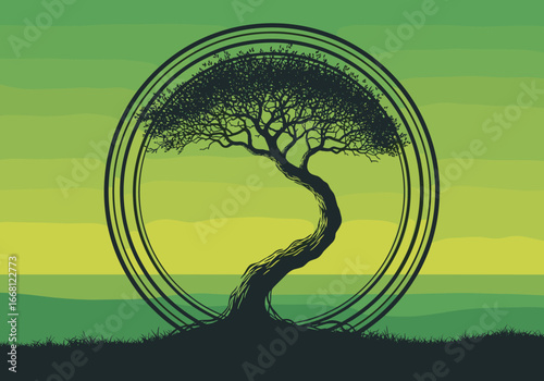 Serene circular bonsai tree artwork evoking nature harmony and tranquil zen reflections