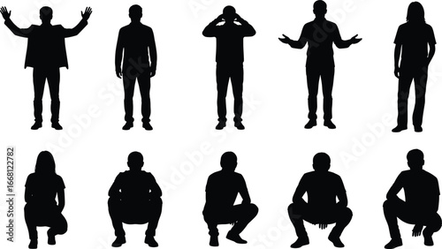 Silhouettes of people standing, squatting, sitting, raising hands, showing emotions, diverse poses, expressing gestures, body language, isolated on white background, vector style.