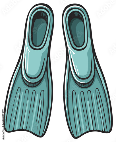 Pair of turquoise swimming fins in a vibrant cartoon vector illustration style for aquatic sports