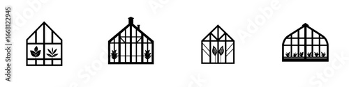 Stylized greenhouse designs showcasing plants in various arrangements and structures in a minimalistic style
