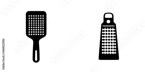 Kitchen utensils for food preparation include a spatula and a grater on a simple background for cooking tasks