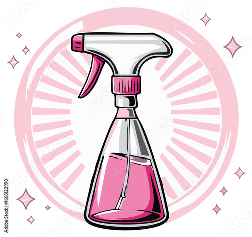 Vibrant pink spray bottle illustration with cleaner solution and sparkle background