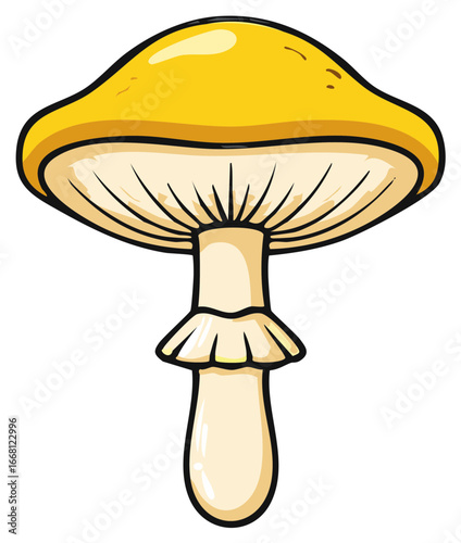 Simple cartoon illustration of a yellow mushroom with a creamy stem and gills