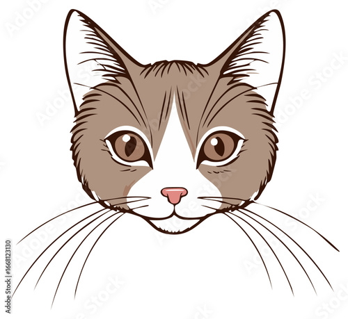 Stylized Cat Portrait with Big Eyes and Whiskers, Illustration, Isolated