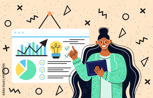 Illustration of a girl giving a lecture on a light pink background.