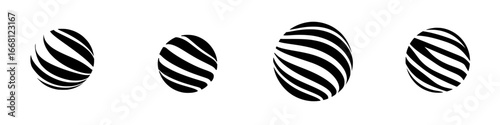 Striking black and white striped spheres arranged in a progressive scale of size on a plain background