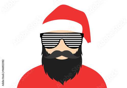Festive hipster santa claus wearing cool striped sunglasses ready for the holiday season celebration