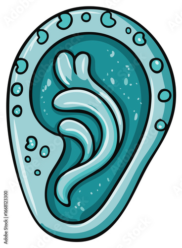 Stylized human ear vector art in shades of aqua with black outlines