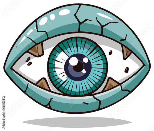 Cartoon Eyeball with Cracks, Blue Iris and Sharp Teeth