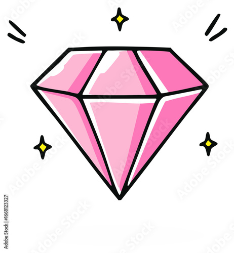 Cartoon Pink Diamond with Sparkling Stars and Bold Outline Jewel Illustration