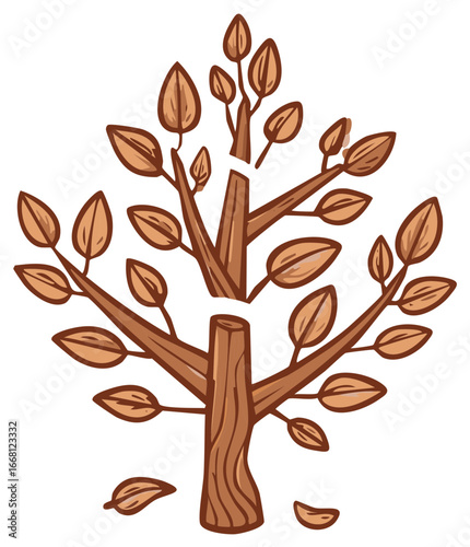 Cartoon tree with leaves, autumnal colors, cut branches, and falling foliage