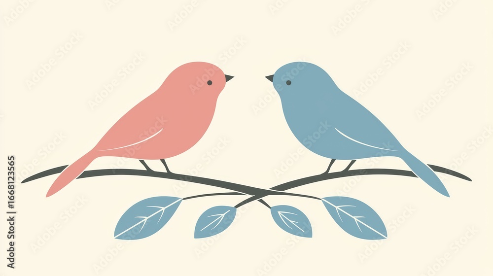 Cute cartoon birds perched on a branch with leaves in pastel colors illustrating love and harmony Cute cartoon birds perched on a branch with leaves in pastel colors illustrating love and harmony