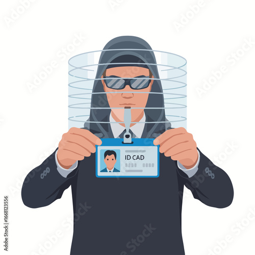 Person in disguise holding up an id card in front of a cylindrical security barrier design element