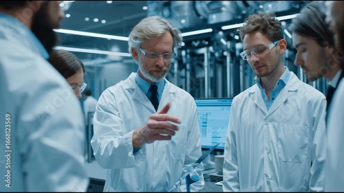 Renewable energy startup founder demonstrating prototype to investors, photorealistic, modern lab