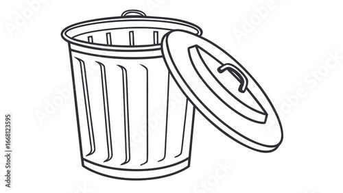 A simple black and white line drawing of a classic metal trash can with its lid ajar isolated on a white background