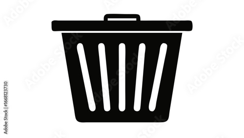 A simple black silhouette of a trash can with a lid and vertical slats representing waste disposal and cleanup concepts