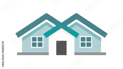Stylized modern architectural illustration of two adjacent blue houses with teal roofs and white windows on a black background
