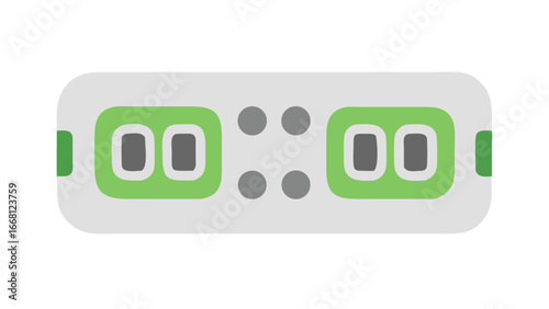 Simple digital clock display showing zero zero zero zero with green accents and a grey rounded rectangular casing isolated on a black background
