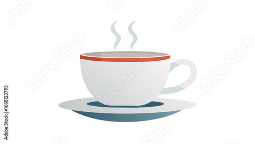 A simple flat design illustration of a white ceramic coffee cup with a red rim sitting on a saucer with steam rising