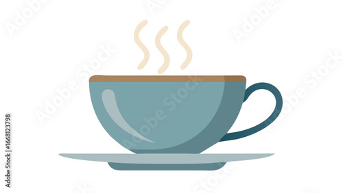 A minimalist flat design illustration of a steaming blue coffee cup and saucer on a black background perfect for cafe or beverage concepts