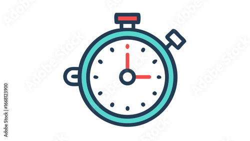 A stylized flat design illustration of a stopwatch with a teal blue bezel and red hands against a black background symbolizing timekeeping and measurement