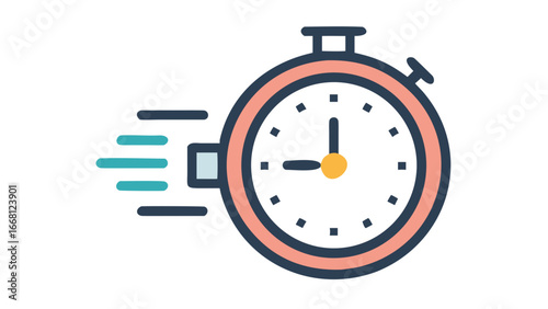 A stylized flat design icon of a stopwatch with motion blur lines indicating speed and urgency against a black background