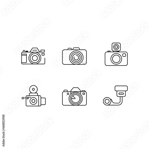 Collection of hand-drawn camera icons representing photography and videography equipment