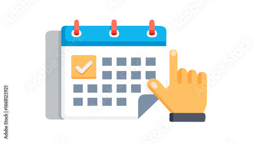 A hand is shown pointing to a calendar with a checked day symbolizing scheduling appointments and planning events