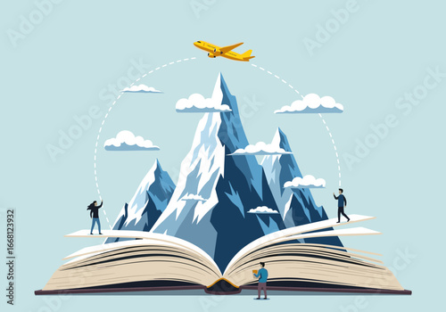 An open book reveals a world of adventure above majestic snowy mountain peaks featuring tiny adventurers and a yellow airplane flying in the sky