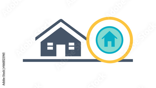 Stylized dark blue house icon with a bright turquoise house symbol inside a yellow circle on a black background representing home search or real estate
