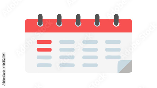 Simple flat illustration of a spiral bound desk calendar with a red header and rows of light blue and red rectangular date blocks on a white background