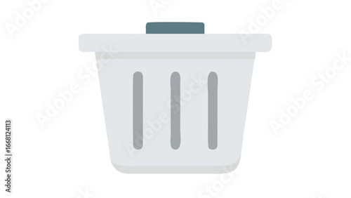 A simple modern flat design illustration of a white trash can with a grey lid and vertical slots on a transparent background